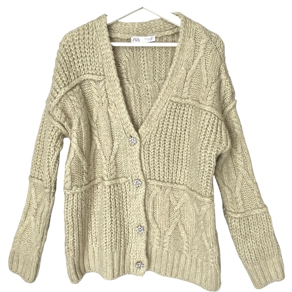 ZARA Cardigan Knit Sweater Jewel Buttons Long Sleeve Pistachio Green Women M - Picture 2 of 12
